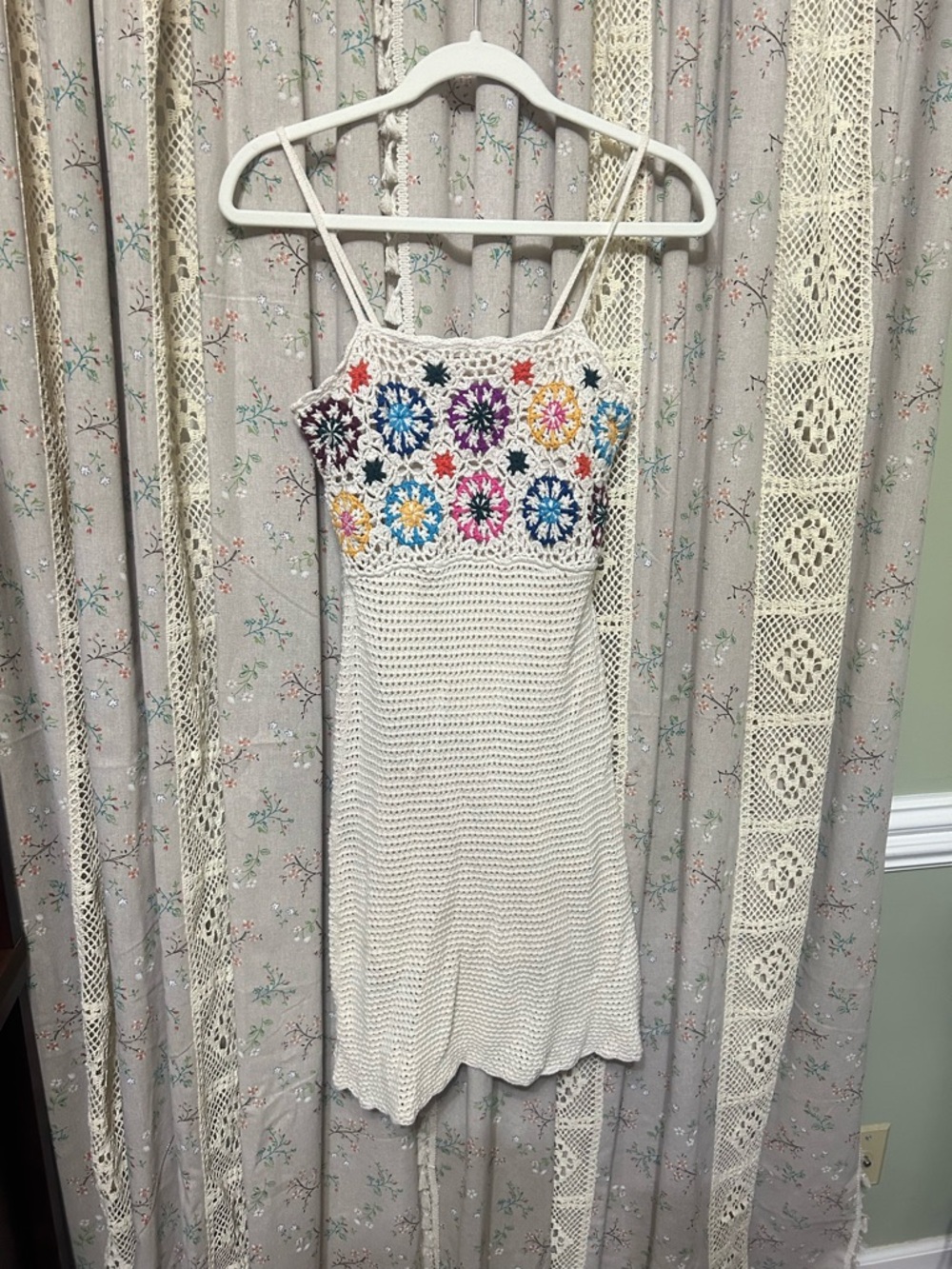 Boho‎ Crochet Mini Dress Granny Square Beach Coverup Y2K XS